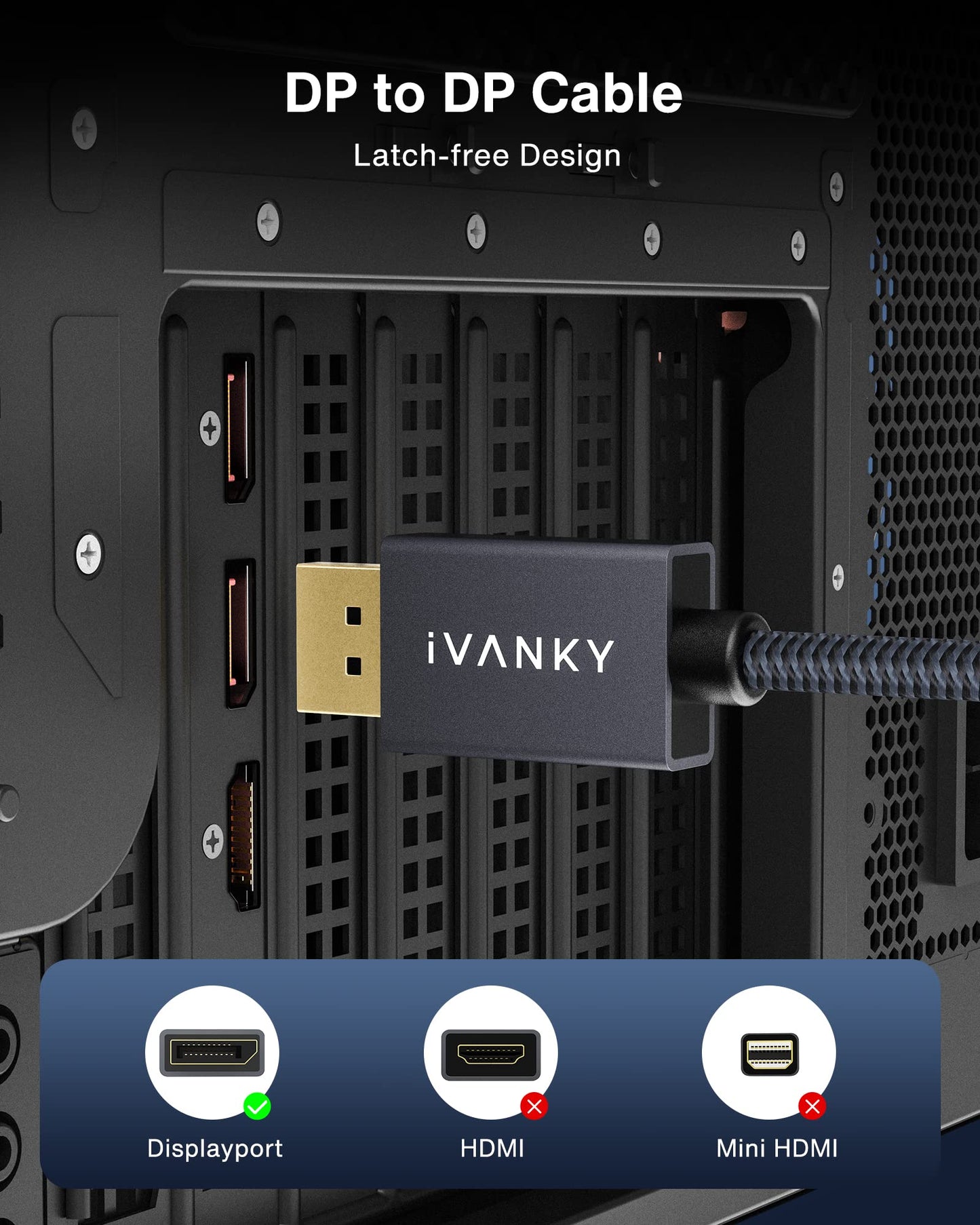 IVANKY Câble DisplayPort 144Hz 2m, [Certifié VESA] Supporte 4K@60Hz, 2K@144Hz, 2K@165Hz, avec FreeSync et G-Sync, pour ASUS, Dell, Acer, Carte Graphique GTX, Moniteur de jeu 144Hz