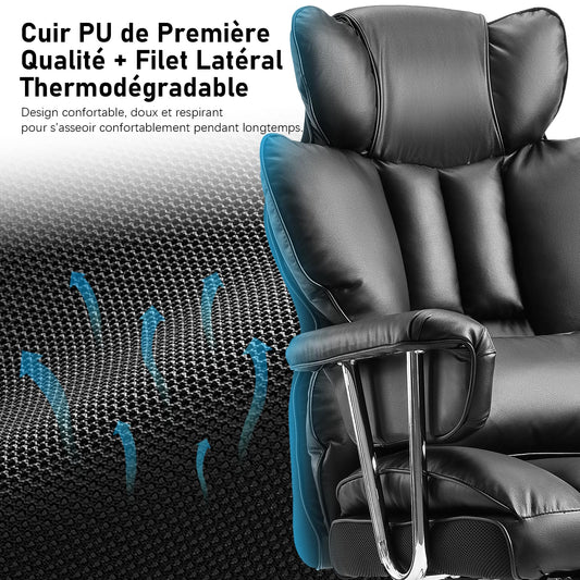 Fauteuil de Bureau, Chaise Ergonomique Gaming avec Repose-pieds Rétractable, Chaise de Bureau Confortable avec Roulettes en Caoutchouc et Coussins Lombaires, Fauteuil de Direction 200 kg (Noir)