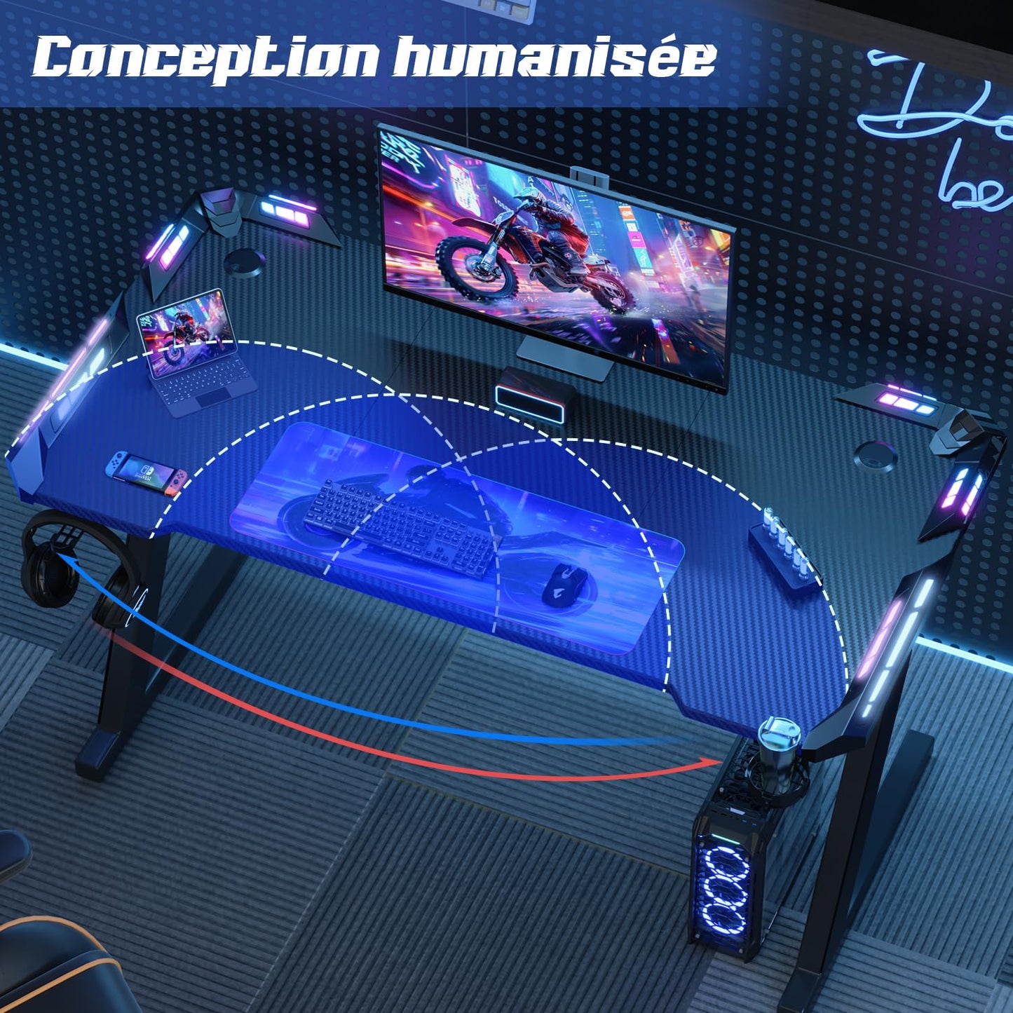 Devoko Bureau Gaming LED 120×60cm, Bureau Gamer avec Lumière RGB, Porte-gobelet et Crochet pour Casque, Table Informatique Ergonomique (Noir,120×60cm)