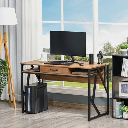 HOMCOM Bureau Style Industriel dim. 120L x 60l x 76H cm tiroir + 2 niches piètement métal Noir Plateau Aspect Bois Noyer