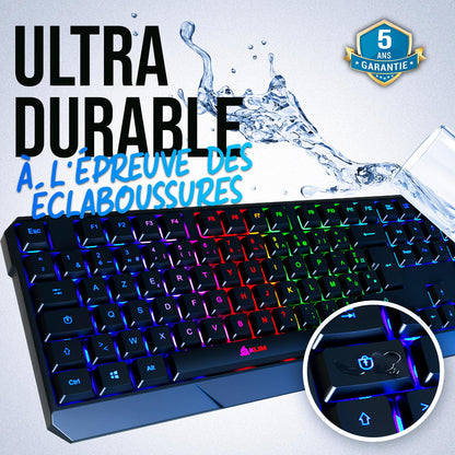 KLIM Chroma Clavier Gamer AZERTY FR - Nouveauté - Silencieux USB - Clavier Filaire Rétroéclairé LED - PC Gaming PS4 PS5 Mac - Noir