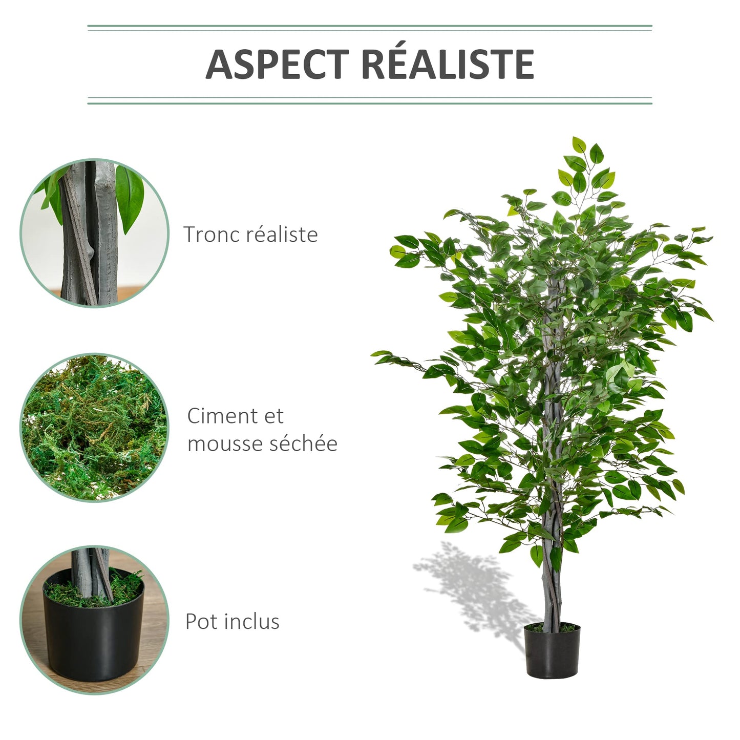 HOMCOM Arbre Artificiel Plante Artificielle ficus H.1,35 m Tronc Branches Liane Lichen Feuilles Grand réalisme Pot Inclus