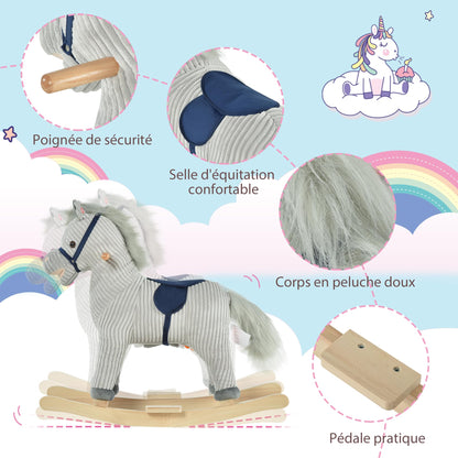 HOMCOM Cheval à Bascule pour Enfant, Jouet à Bascule en Peluche, en Forme de Cheval, à Effets sonores, avec poignées, pédale, pour 36-72 Mois, 73L x 35l x 64H cm, Gris et Blanc