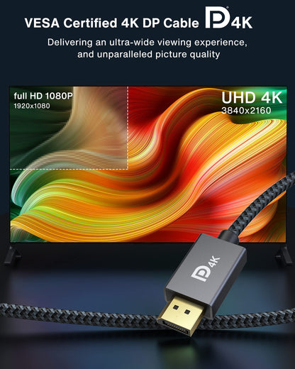 IVANKY Câble DisplayPort 144Hz 2m, [Certifié VESA] Supporte 4K@60Hz, 2K@144Hz, 2K@165Hz, avec FreeSync et G-Sync, pour ASUS, Dell, Acer, Carte Graphique GTX, Moniteur de jeu 144Hz