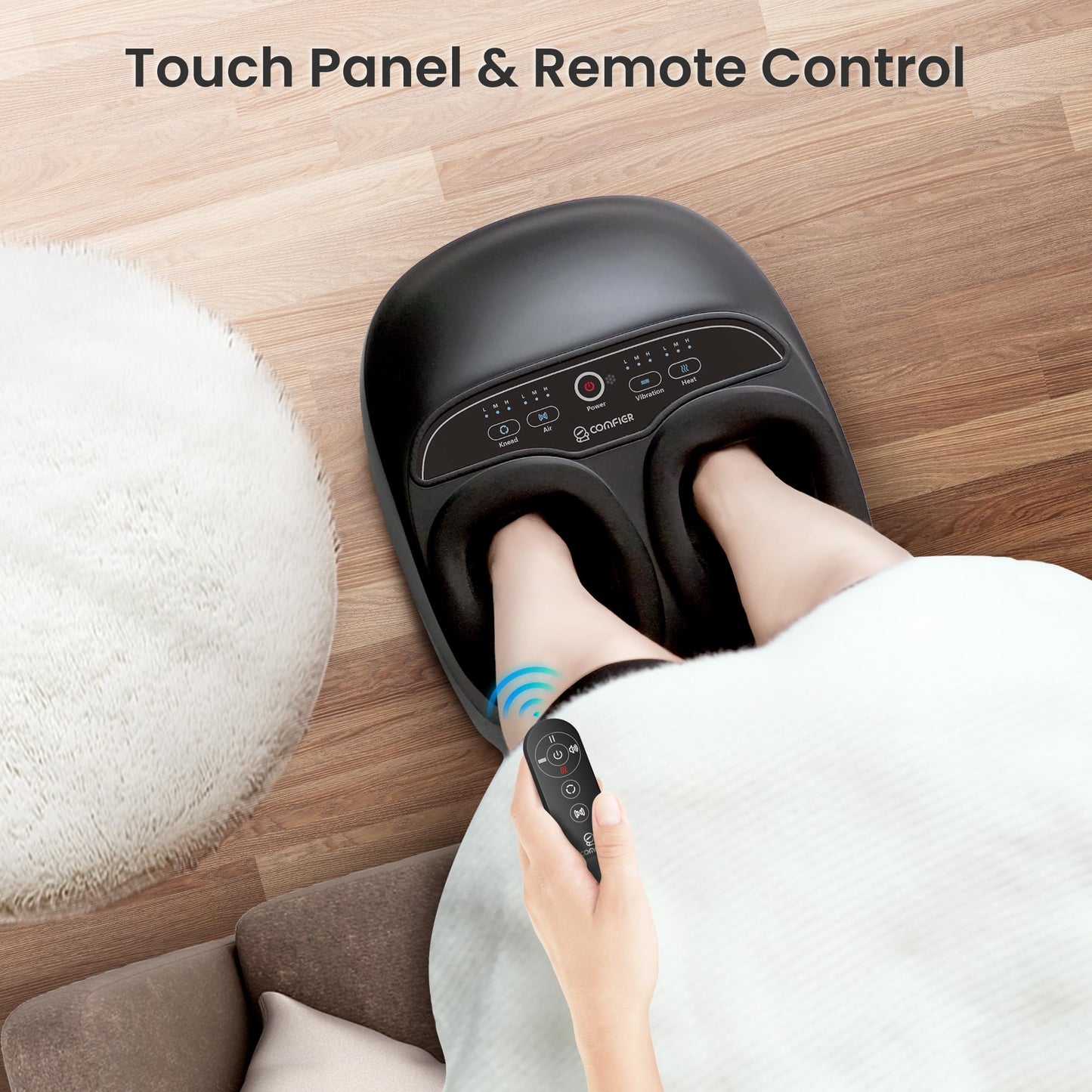 COMFIER Appareil de Massage Des Pieds, Massage Shiatsu des Pieds Avec Fonction de Chaleur, Pétrissage, Roulement et Compression d'air, Masseur de pieds électrique à 3 intensités,Jusqu'à la Pointure 46